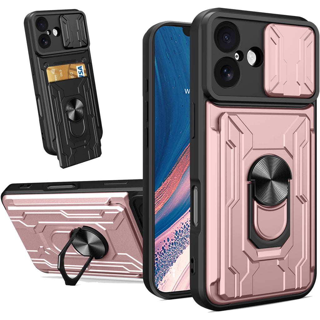 iPhone 16 Rugged Shockproof Case Kickstand Card Cover PINK