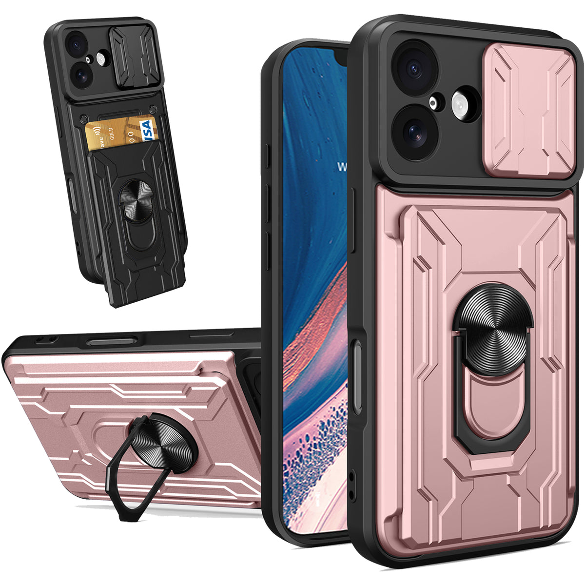 iPhone 16 Rugged Shockproof Case Kickstand Card Cover PINK