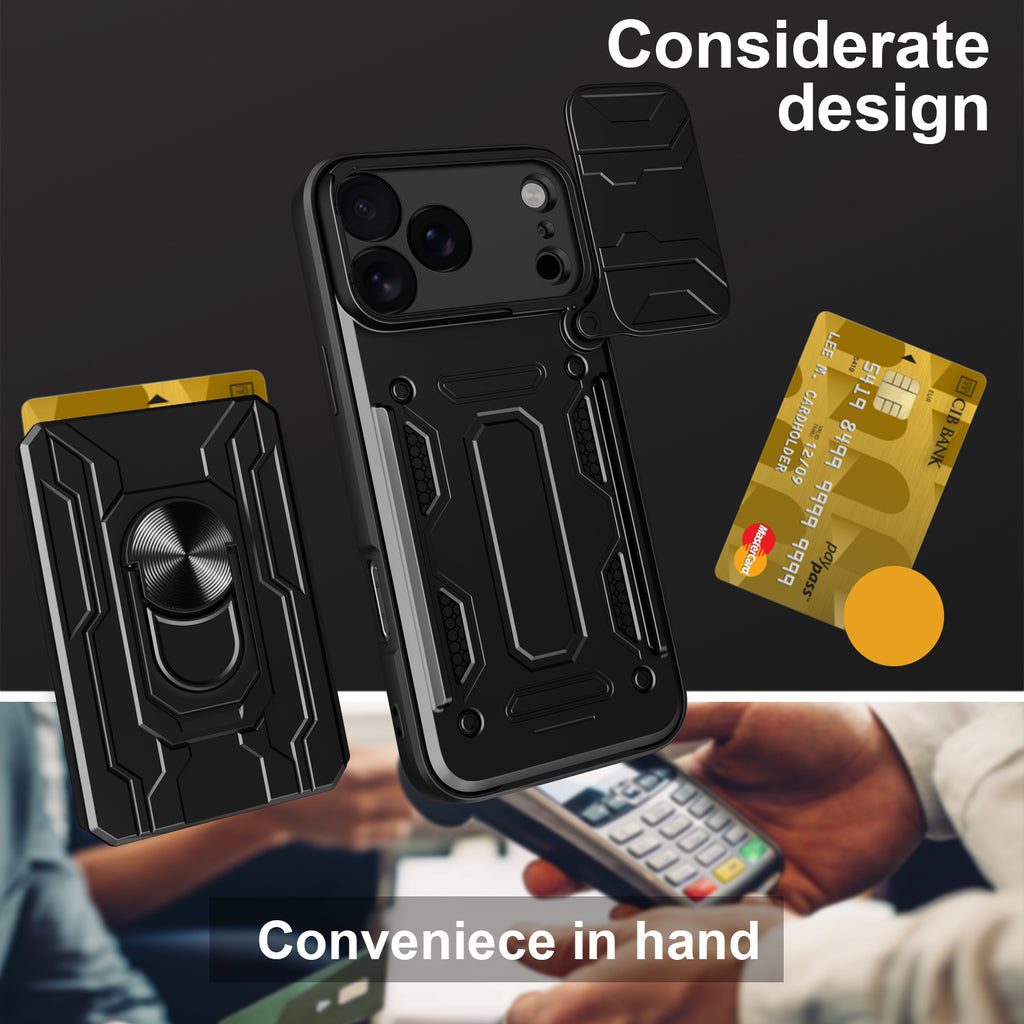 iPhone 17 Pro Max Rugged Shockproof Case Kickstand Card Cover BLACK