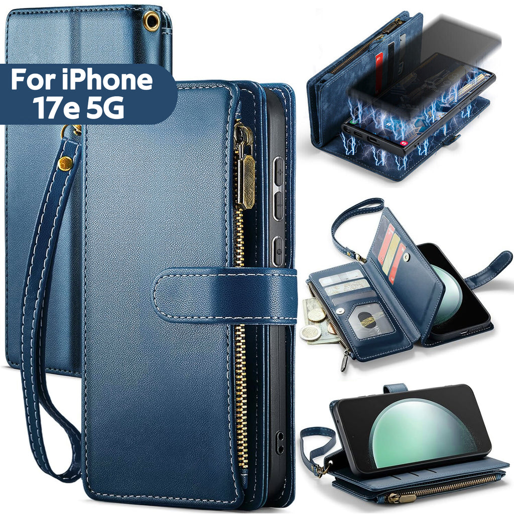 iPhone 17e Case RFID-Blocking Detachable Zip Wallet Card Cover BLUE