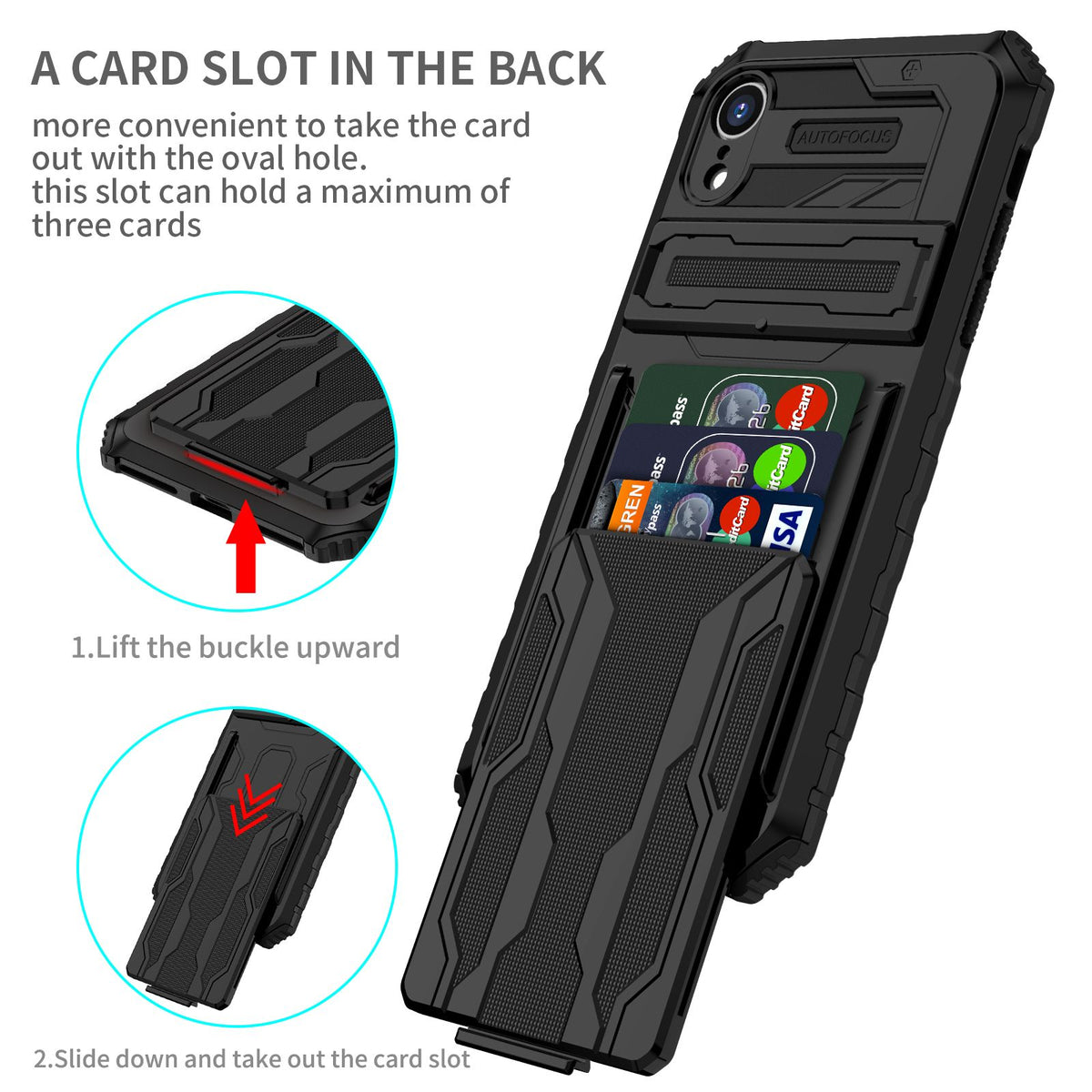 iPhone XR Heavy Duty Kickstand Case Shockproof Card Holder BLACK