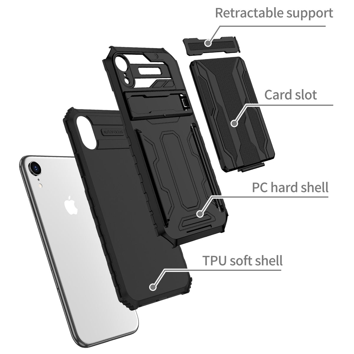 iPhone XR Heavy Duty Kickstand Case Shockproof Card Holder BLACK