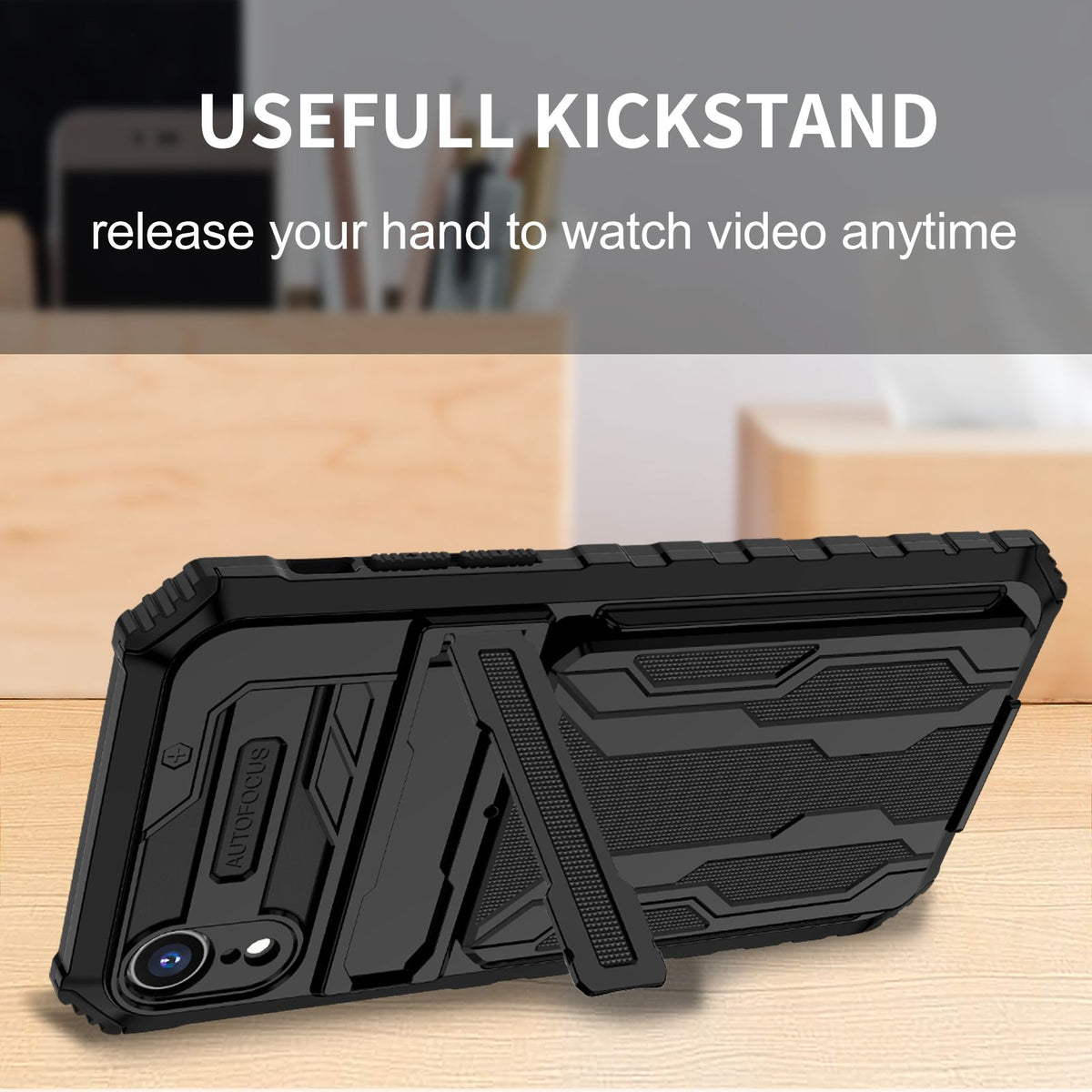 iPhone XR Heavy Duty Kickstand Case Shockproof Card Holder BLACK