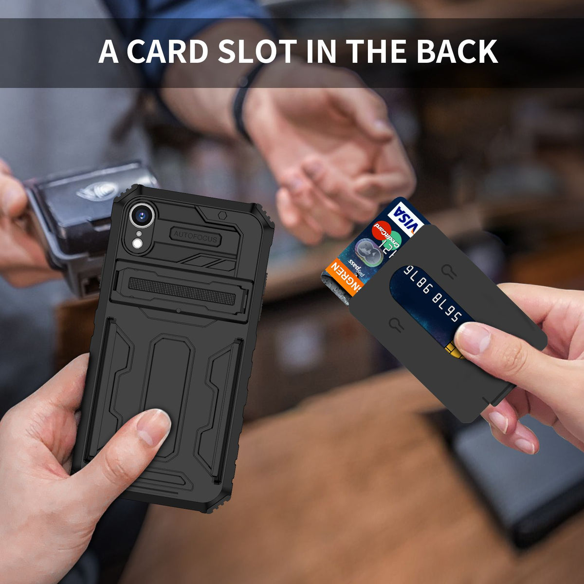 iPhone XR Heavy Duty Kickstand Case Shockproof Card Holder BLACK