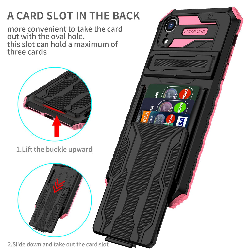 iPhone XR Heavy Duty Kickstand Case Shockproof Card Holder PINK