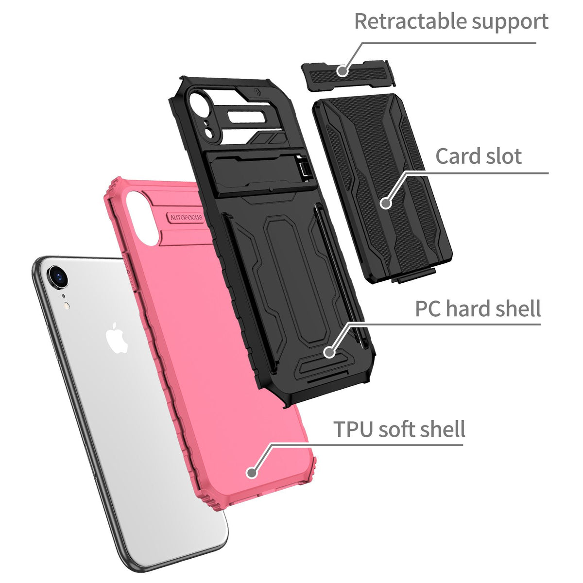 iPhone XR Heavy Duty Kickstand Case Shockproof Card Holder PINK