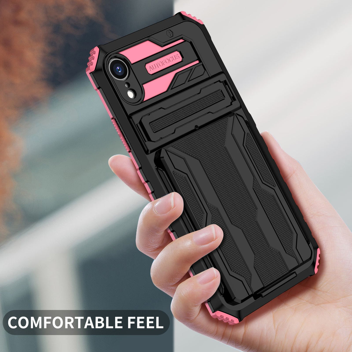 iPhone XR Heavy Duty Kickstand Case Shockproof Card Holder PINK