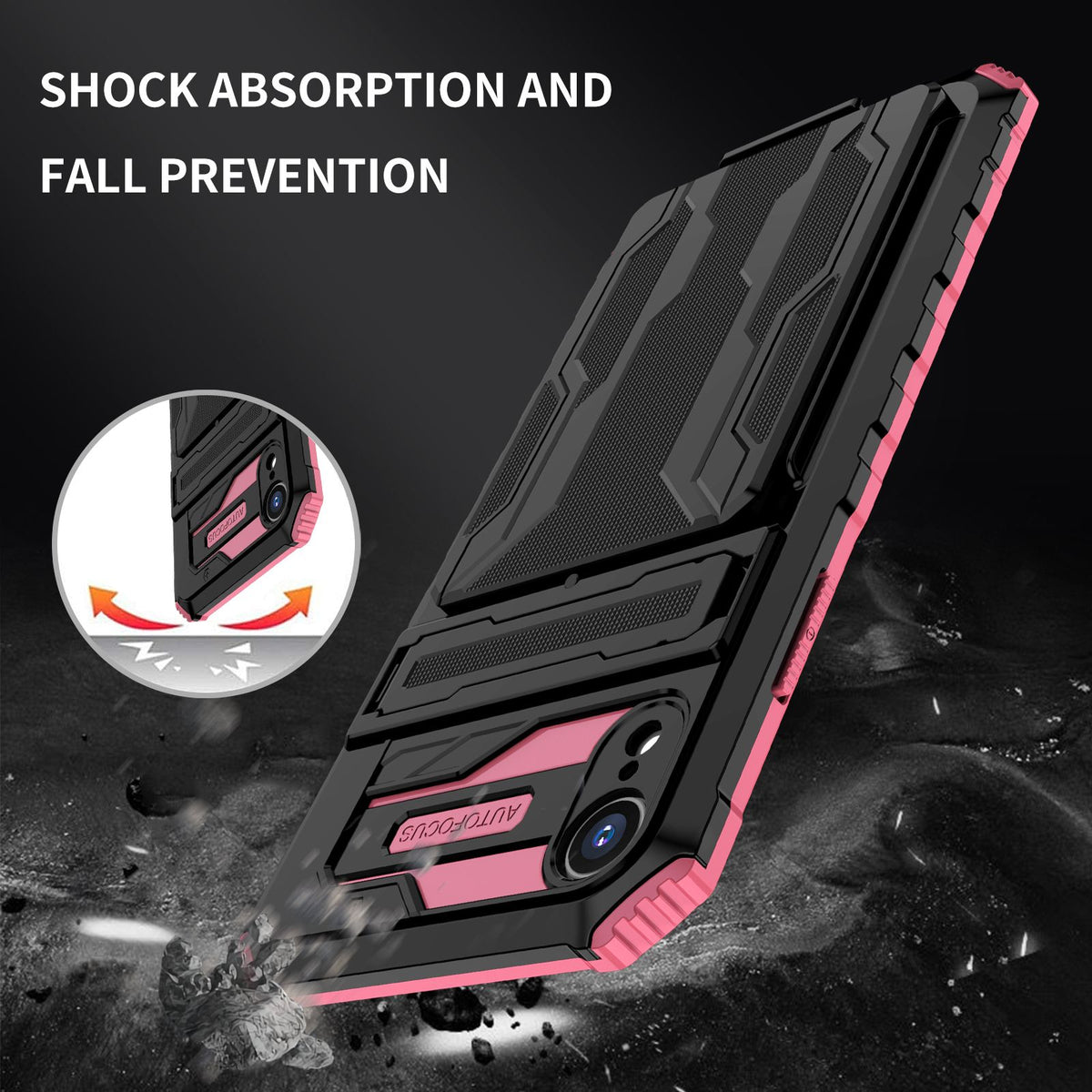 iPhone XR Heavy Duty Kickstand Case Shockproof Card Holder PINK