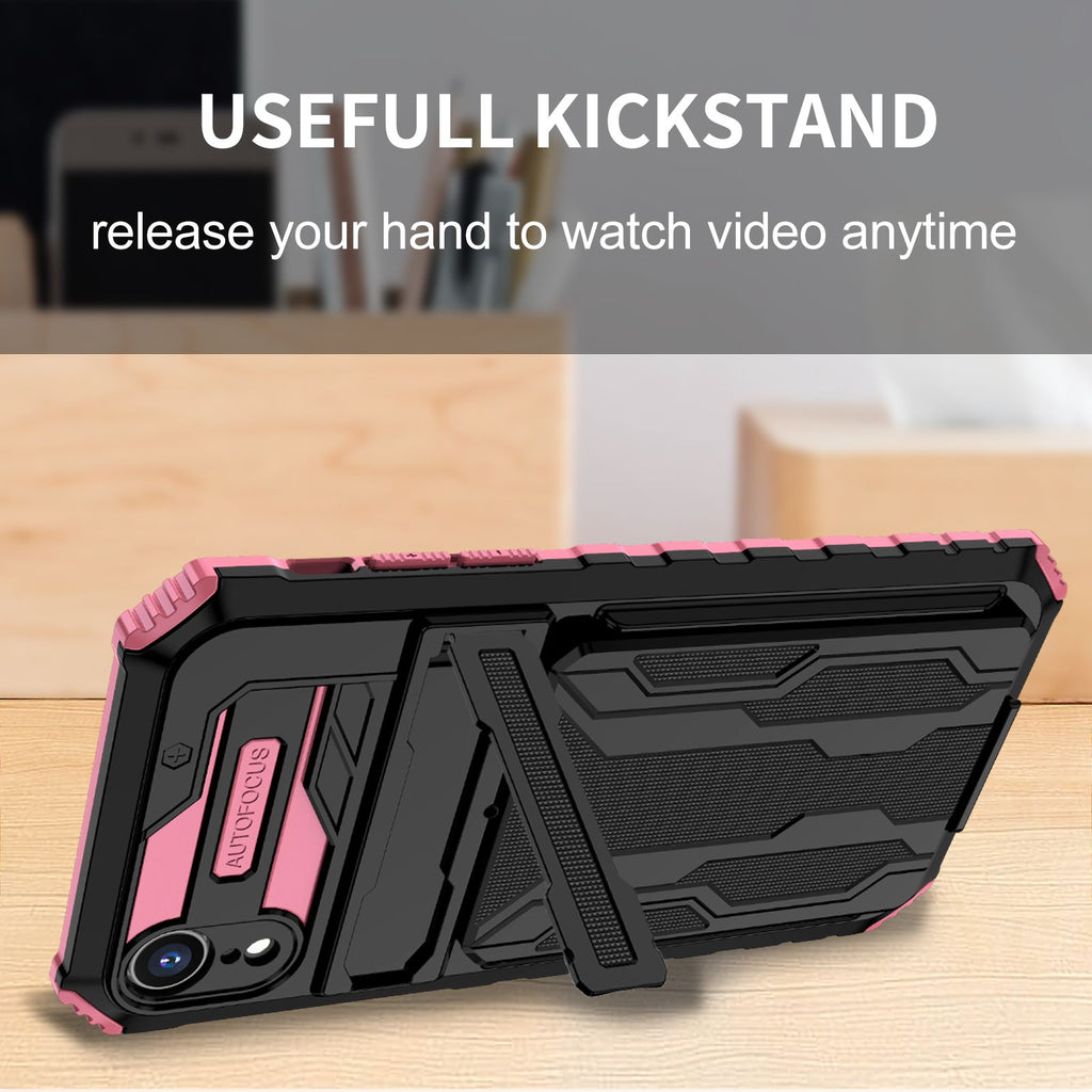 iPhone XR Heavy Duty Kickstand Case Shockproof Card Holder PINK