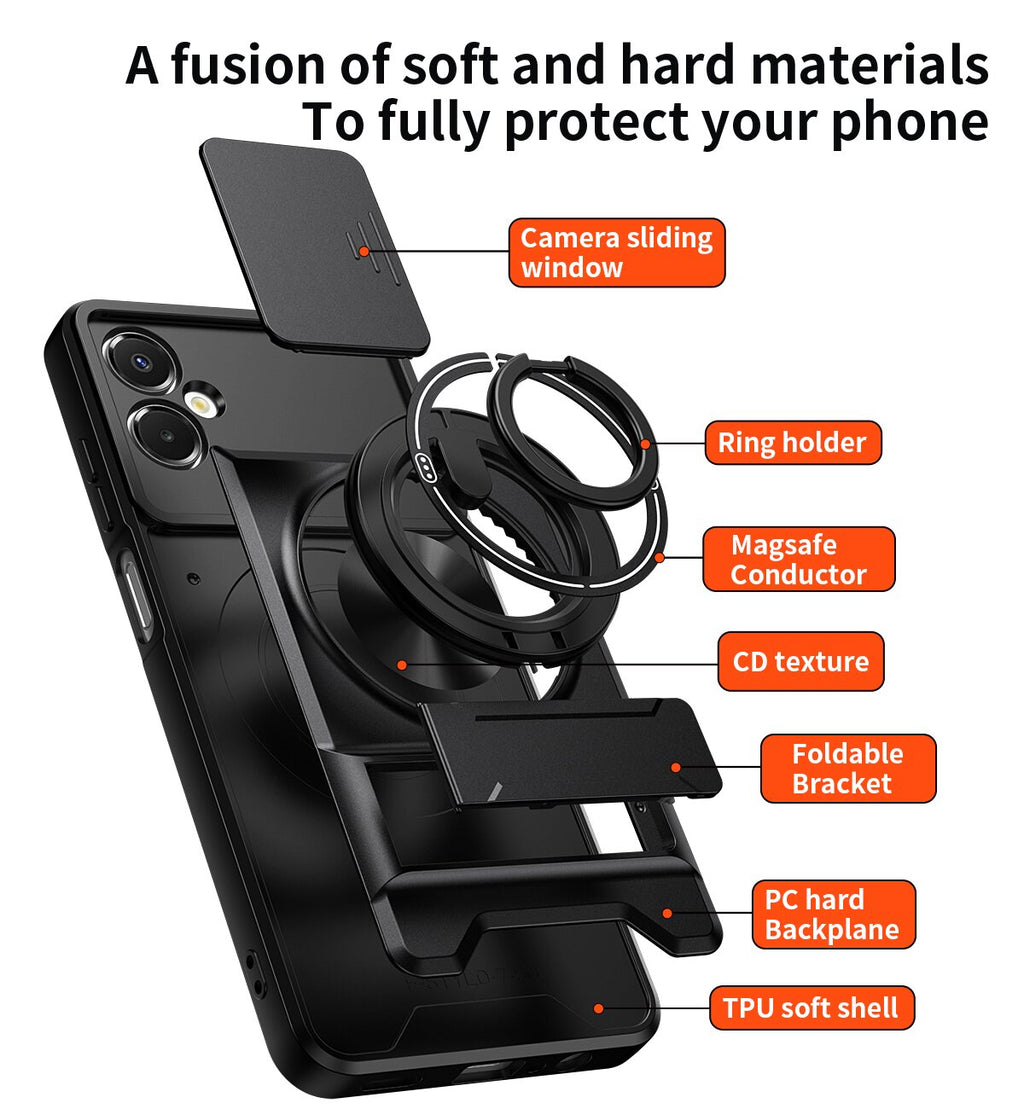 Samsung A06 5G Magnetic Kickstand Case with Camera Slide Cover BLACK